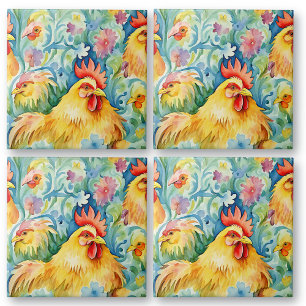 Cute Watercolor Style Chickens Tile