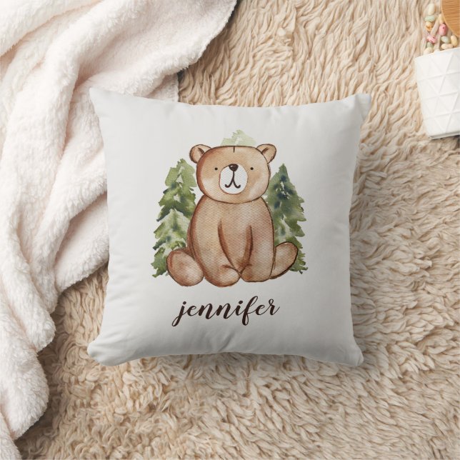 Cute Watercolor Style Woodland Bear Text Name Cushion (Blanket)