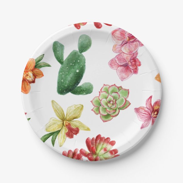 Cute Watercolor Succulent hand drawn pattern Paper Plate (Front)