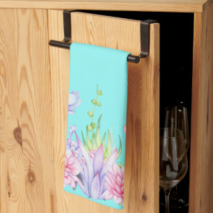 Cute Watercolor Succulents on Teal Background Tea Towel