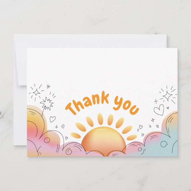 Cute Watercolor Sun and Sparkles Doodle Thank You Card (Front)