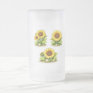 Cute Watercolor Sunflower Frosted Beer Glass Mug