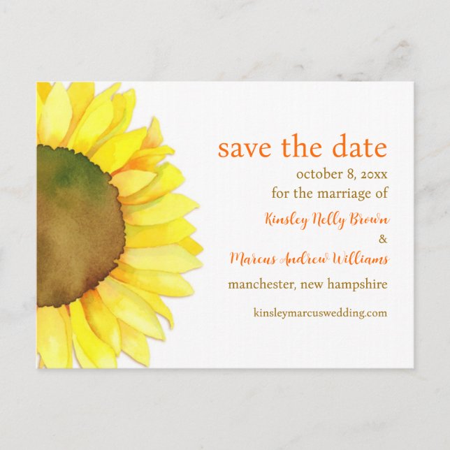 Cute Watercolor Sunflower Wedding Save the Date Announcement Postcard (Front)
