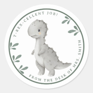 Cute Watercolor T-Rex From The Desk Of Teacher Classic Round Sticker