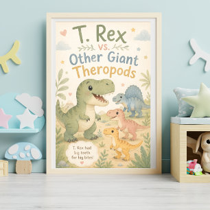 Cute Watercolor T. Rex vs Giant Theropods Nursery Poster