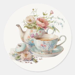 Cute Watercolor Teapot with Floral Bouquet Classic Classic Round Sticker