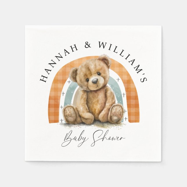 Cute Watercolor Teddy Bear And Rainbow Baby Shower Napkin (Front)