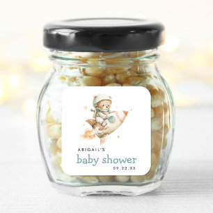 Cute Watercolor Teddy Bear Astronaut Baby Shower Square Sticker