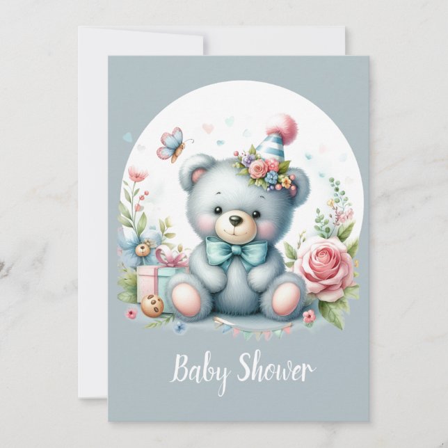 Cute Watercolor Teddy Bear Baby Animal Invitation (Front)