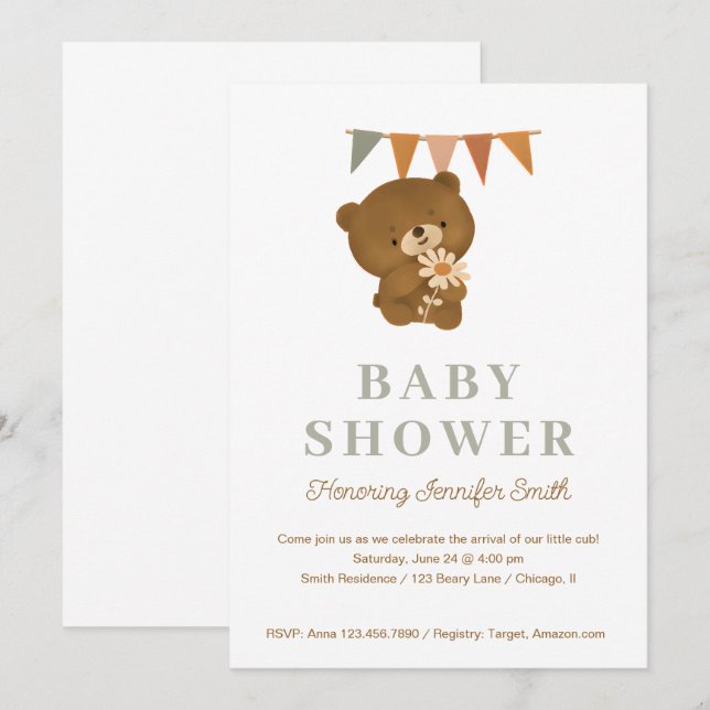 Cute watercolor teddy bear Baby Shower Invitation (Front/Back)