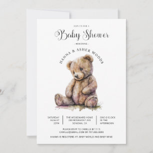 Cute Watercolor Teddy Bear Baby Shower Invitation