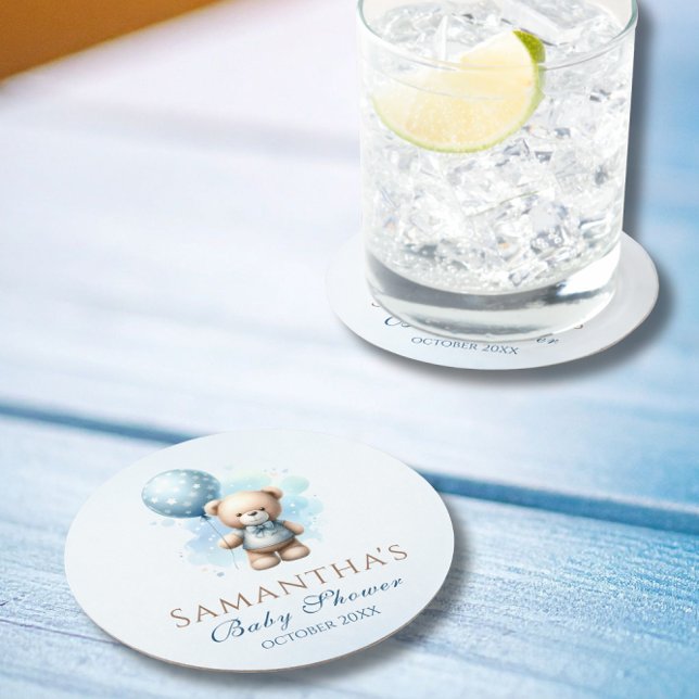 Cute Watercolor Teddy Bear Balloon Baby Shower Round Paper Coaster (Creator Uploaded)