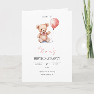 Cute Watercolor Teddy Bear Birthday Party Card