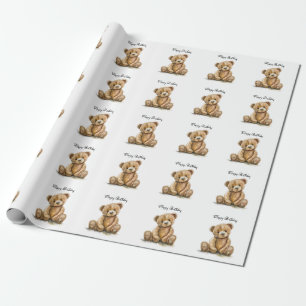 Cute Watercolor Teddy Bear Birthday Wrapping Paper