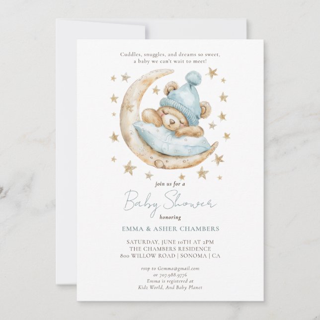 Cute Watercolor Teddy Bear Blue Baby Shower Invitation (Front)