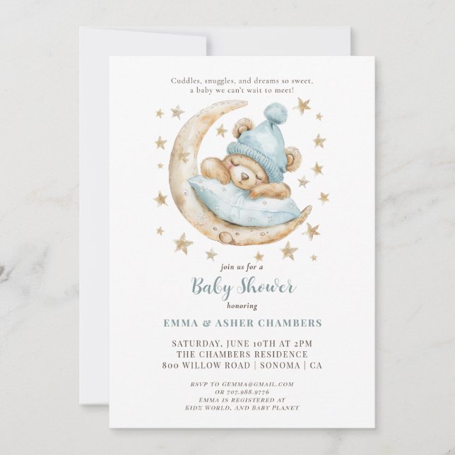 Cute Watercolor Teddy Bear Blue Baby Shower Invitation (Front)