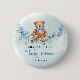 Cute watercolor teddy bear blue flowers eucalyptus 6 cm round badge