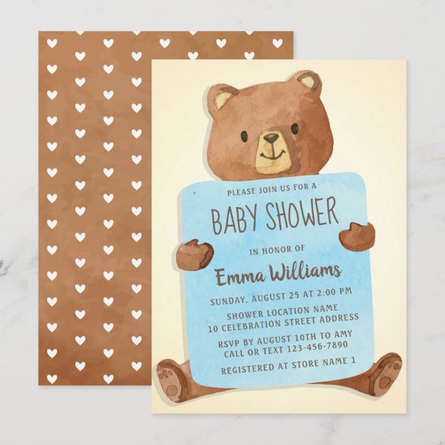 Cute Watercolor Teddy Bear | Boy Baby Shower Invitation (Front/Back)