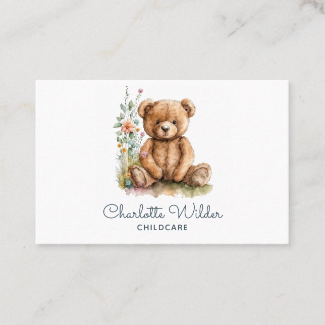 Cute Watercolor Teddy Bear Childcare Business Card (Front)