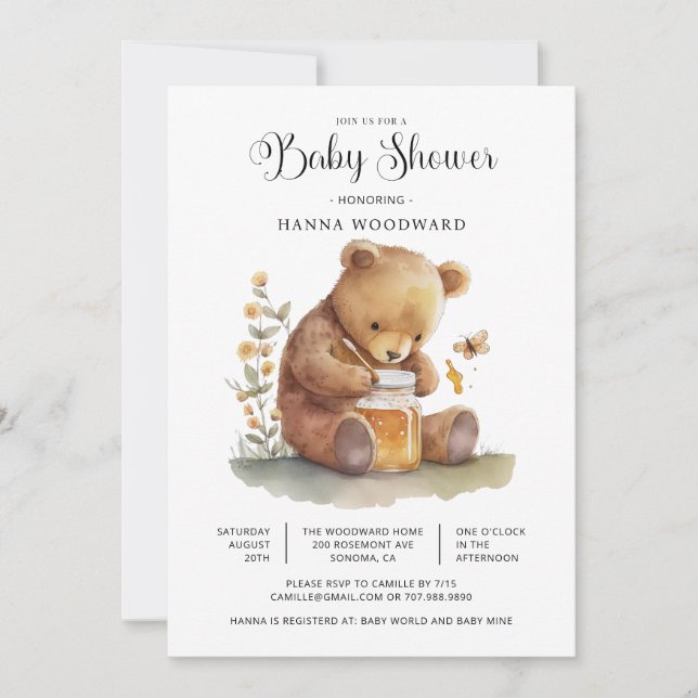 Cute Watercolor Teddy Bear Honey Pot Baby Shower Invitation (Front)