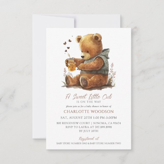 Cute Watercolor Teddy Bear Honey Pot Baby Shower Invitation (Front)