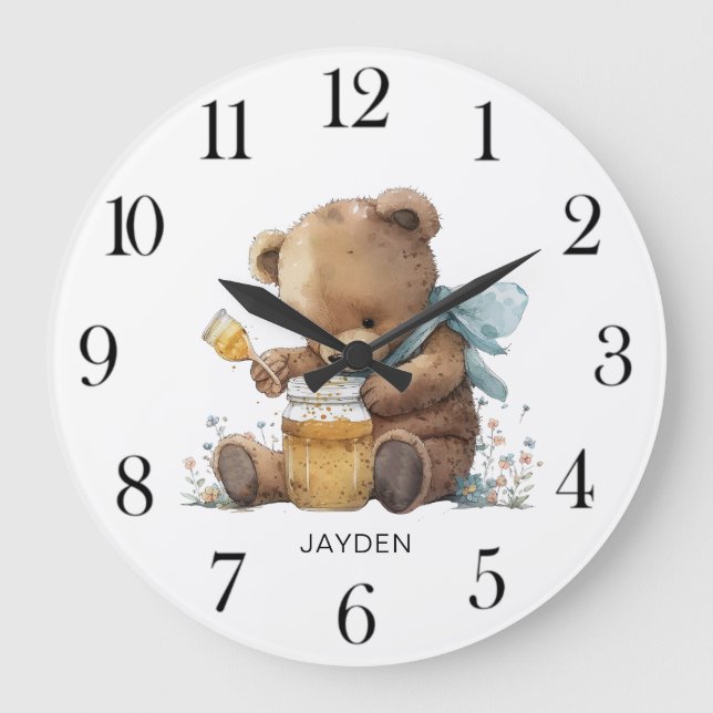 Cute Watercolor Teddy Bear Honey Pot Large Clock (Front)