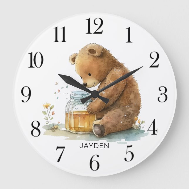 Cute Watercolor Teddy Bear Honey Pot Personalised Large Clock (Front)