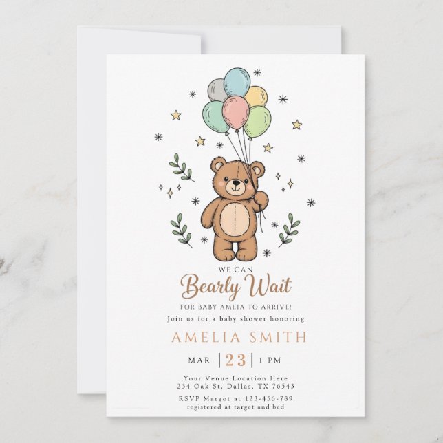 Cute Watercolor Teddy bear Illustration babyshower Invitation (Front)