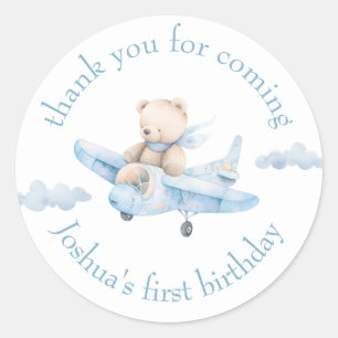 Cute Watercolor Teddy Bear in Airplane Thank You  Classic Round Sticker