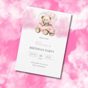 Cute Watercolor Teddy Bear in Pink Car Birthday Invitation