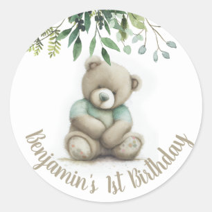 Cute Watercolor Teddy Bear Leaves Any Age Birthday Classic Round Sticker