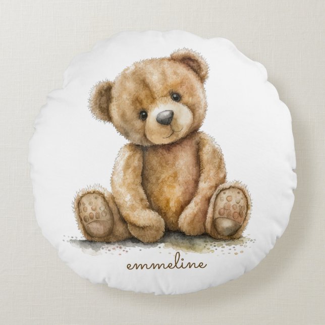 Cute Watercolor Teddy Bear Personalised  Round Cushion (Front)
