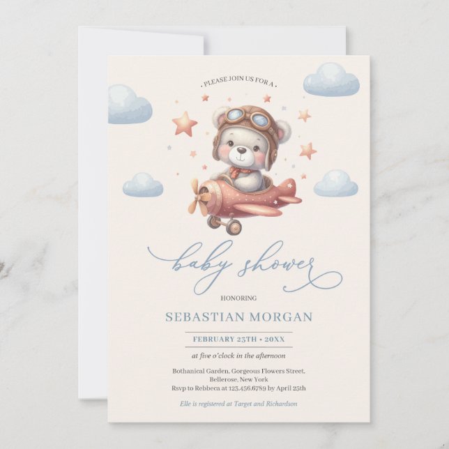 Cute watercolor teddy bear pilot copper aeroplane  invitation (Front)