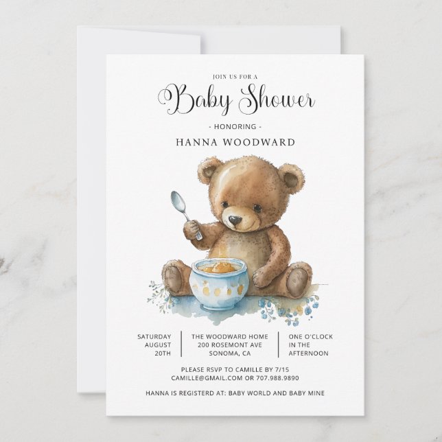 Cute Watercolor Teddy Bear Porridge Baby Shower Invitation (Front)