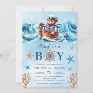 Cute watercolor teddy bear sailor Ahoy It's A Boy  Invitation