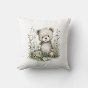 Cute Watercolor Teddy Bear with Wildflowers Cushion