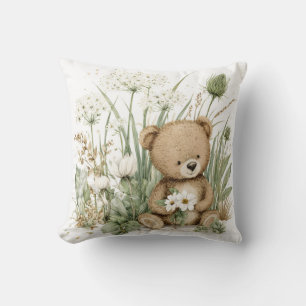 Cute Watercolor Teddy Bear with Wildflowers Cushion