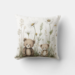 Cute Watercolor Teddy Bear with Wildflowers Cushion