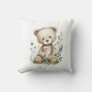 Cute Watercolor Teddy Bear with Wildflowers Cushion