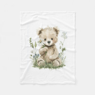 Cute Watercolor Teddy Bear with Wildflowers Fleece Blanket
