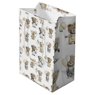 Cute Watercolor Teddy Bears with Balloons Medium Gift Bag