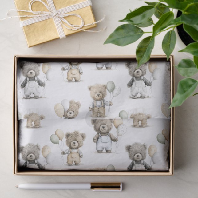 Cute Watercolor Teddy Bears with Balloons Tissue Paper (Gift)