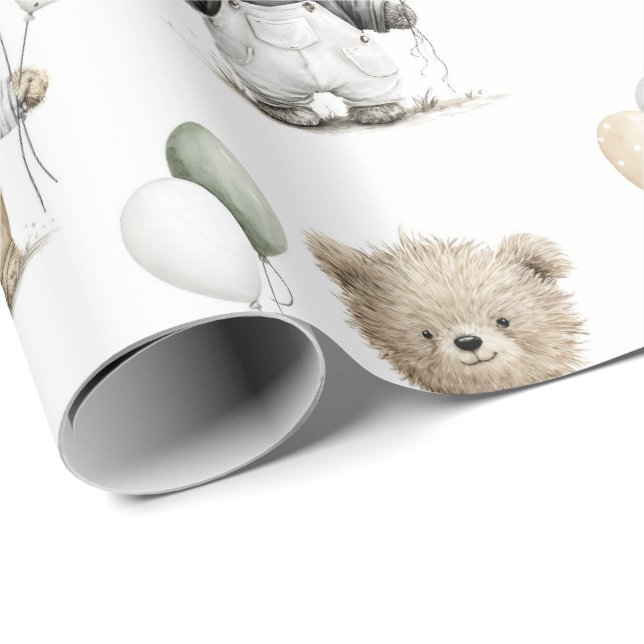 Cute Watercolor Teddy Bears with Balloons Wrapping Paper (Roll Corner)