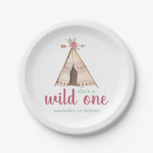 Cute Watercolor Teepee Boho 1st Birthday Paper Plate