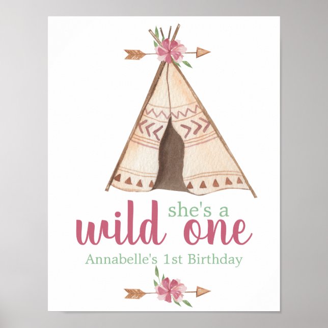 Cute Watercolor Teepee Boho 1st Birthday Poster (Front)