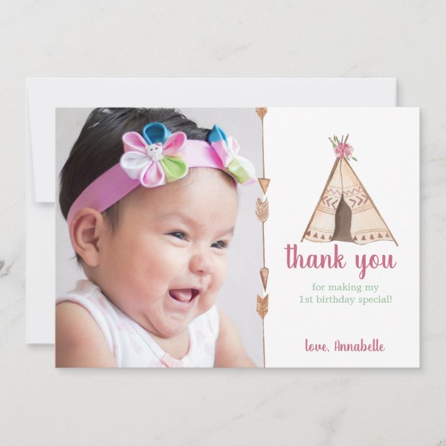 Cute Watercolor Teepee Camping Birthday Thank You Card (Front)