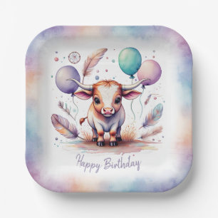 Cute Watercolor Texas Longhorn Balloons Birthday Paper Plate