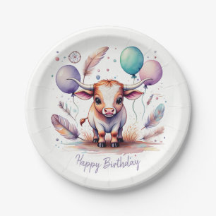 Cute Watercolor Texas Longhorn Balloons Birthday Paper Plate