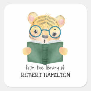 CUTE WATERCOLOR TIGER READING BOOK BOOKPLATE SQUARE STICKER