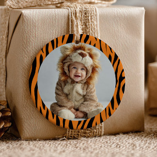 Cute Watercolor Tiger Stripe Pattern Baby Photo Ceramic Tree Decoration